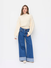 Cable Knit High Neck Lantern Sleeve Oversized Top
