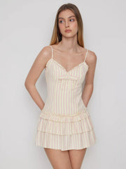 Cotton-blend Sweetheart Striped Ruffled A-line Mini Dress