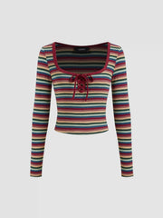 Cotton-blend Square Neck Striped Lace Up Knotted Long Sleeve Tee