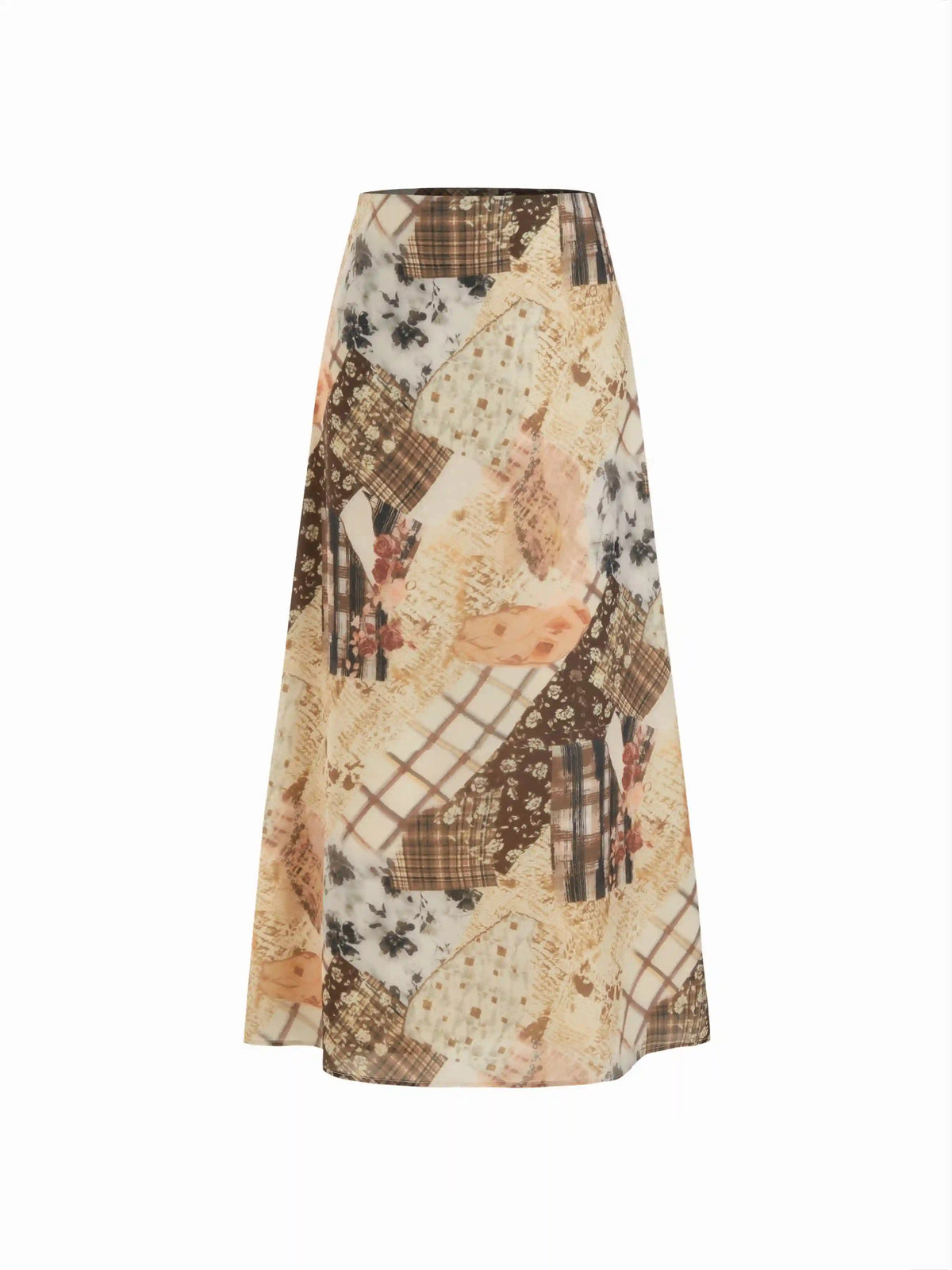 Abstract Patchwork Print Mid Rise Flared Maxi Skirt