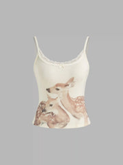 Deer Graphic Bowknot Lace Trim Cami Top