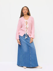 Knit V-neck Long Sleeve Tie Front Bow Oversized Cardigan