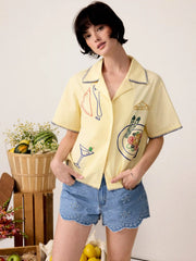 Cotton Food Embroidery Contrast Stitch Trim Short Sleeve Oversized Shirt