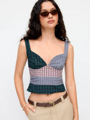 Cotton-blend Sweetheart Neck Tartan Patched Shirred Tank Top