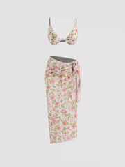 V-neck Floral Underwire Cheeky Bikini Swimsuit With Mesh Knotted Sarong