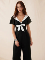 Chiffon V-neck Colorblock Ruffle Sleeve Bowknot Ruched Wide Leg Jumpsuit
