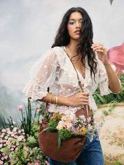 Mesh V-neck Knotted Ruffle Blouse