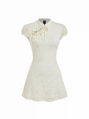 Lace Mandarin Collar Bow Tie Cutout Floral Mini Dress