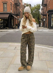 Camo Mid Rise Drawstring Wide Leg Trousers