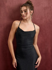 Cowl Neck Ruched Tie Back Split Mermaid Maxi Dress