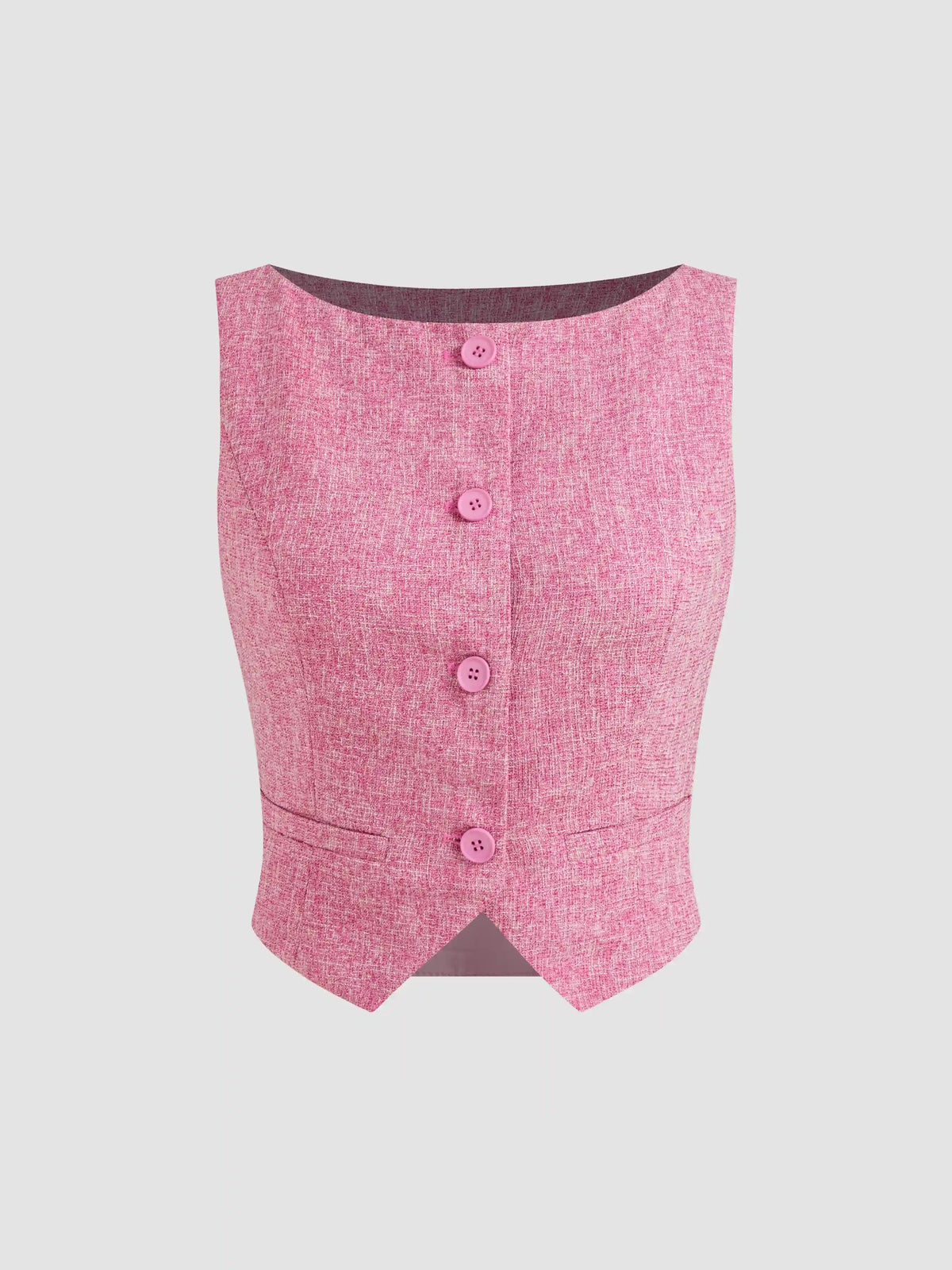 Tweed Boat Neck Solid Button Vest