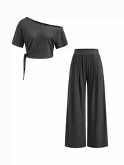 Asymmetrical Neck Short Sleeve Knotted Top & Mid Rise Trousers Set