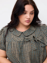 Cotton-blend Peter Pan Collar Check Bowknot Oversized Blouse Curve & Plus