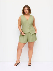 Linen-blend Asymmetrical Hem Lace Up Vest & Mid Rise Shorts Set Curve & Plus