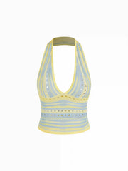 Knit Striped Halter Neck Cut Out Crop Top