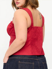 Linen-blend Sweetheart Neck Ruffled Shirred Tank Blouse Curve & Plus