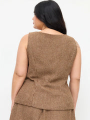 Tweed Floral Applique Check Boat Neck Top Curve & Plus