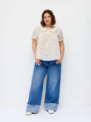 Floral Peter Pan Collar Short Sleeve Blouse Curve & Plus