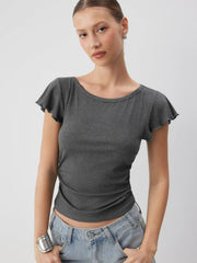 Round Neckline Ruffle Sleeve Ruched Waist Top