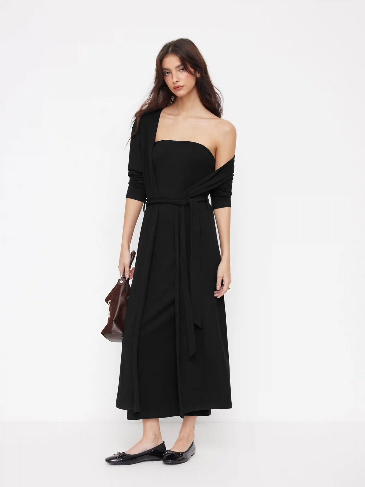 Cotton-blend Coat With Belt & Bandeau Maxi Dress Set