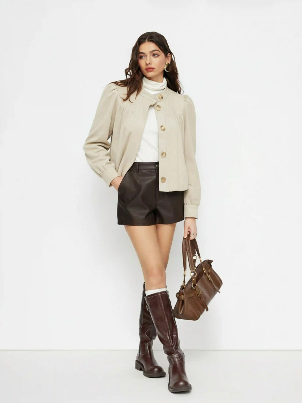 Suede Stand Collar Ruched Long Sleeve Jacket