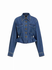 Denim Collar Long Sleeve Cinched Waist Ruffle Hem Crop Jacket