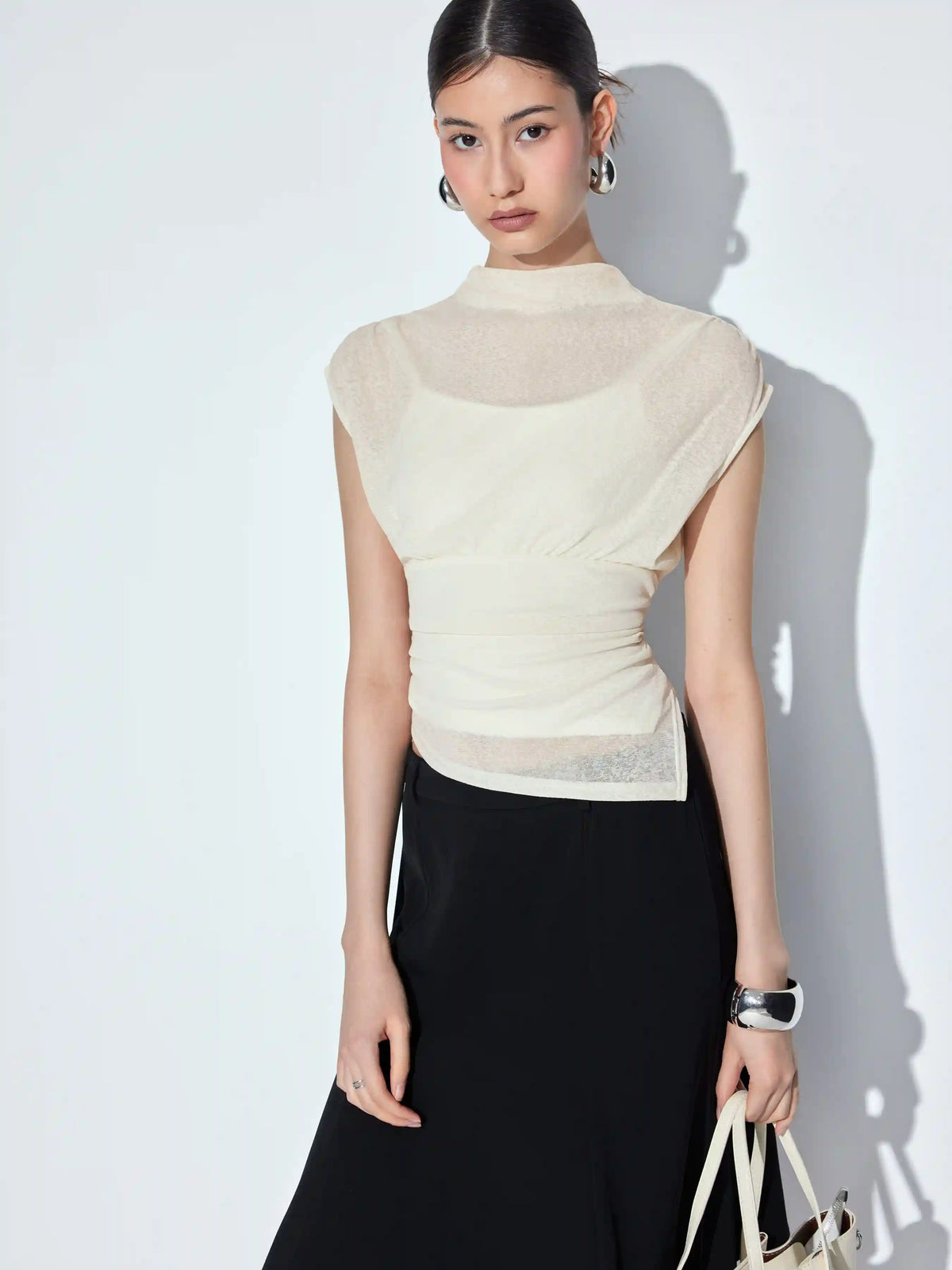 High Neck Ruched Asymmetrical Sheer Short Sleeve Top