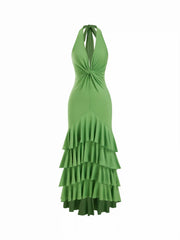 High Stretch V-neck Asymmetrical Tiered Ruffle Maxi Dress