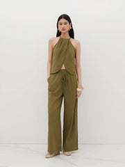 Linen-blend Mid Rise Elastic Waist Wide Leg Trousers