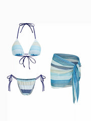 Halter Neckline Striped Tie Side Hollow Out Triangle Bikini Set With Sarong