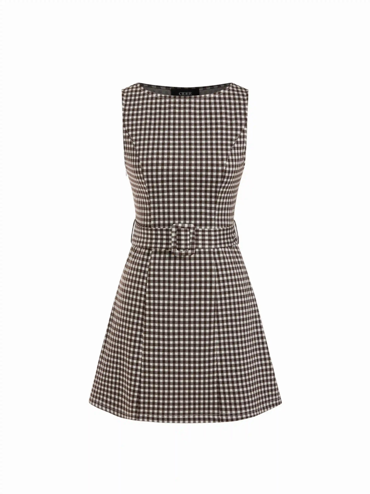 Jacquard Gingham Boat Neck A-line Mini Dress With Belt