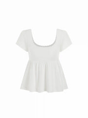 Cotton-blend Scoop Neck Babydoll Lace Trim Peplum Short Sleeve Top