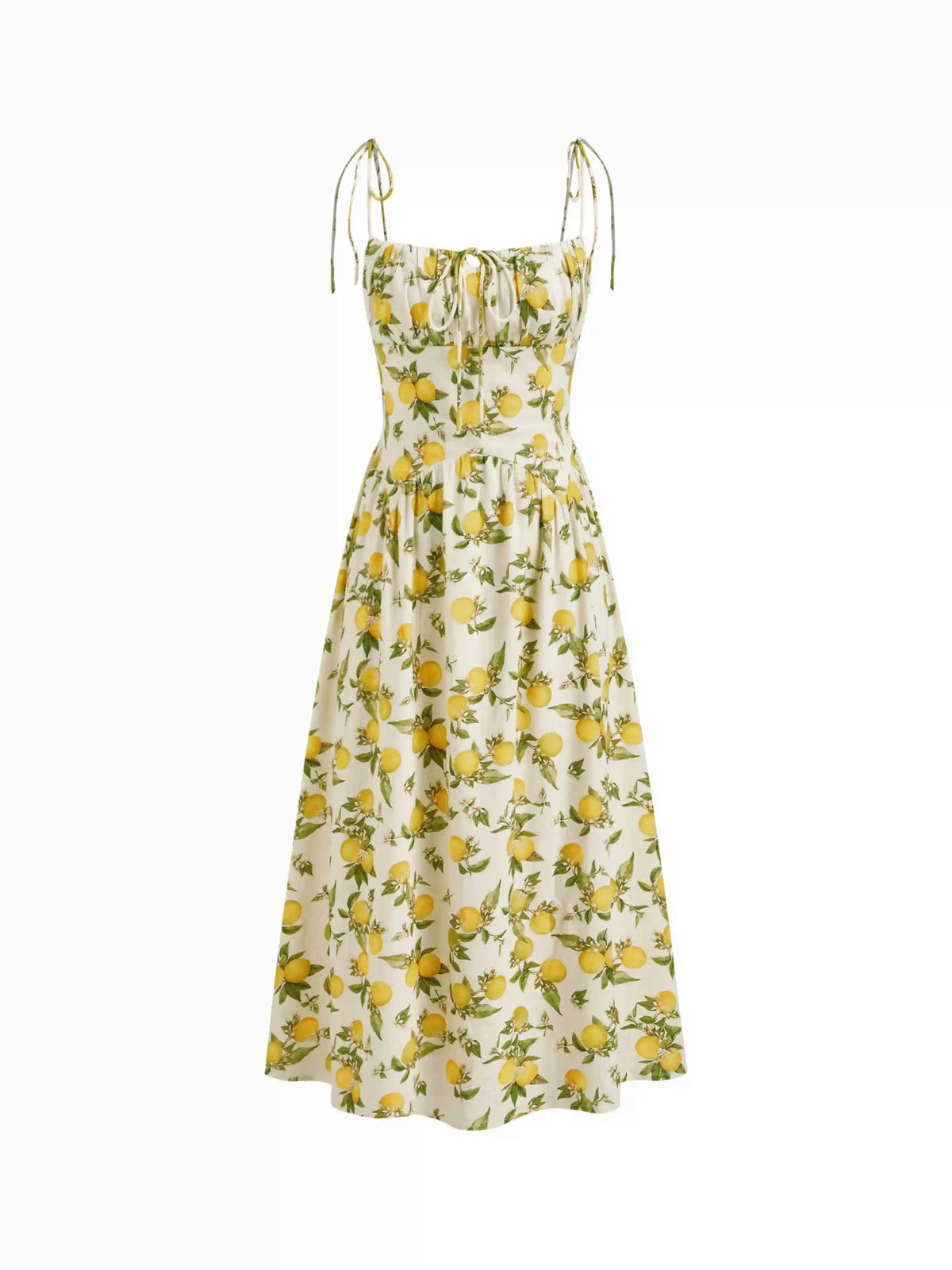 Linen-blend Square Neck Lemon Ruched Shirred Cami Midi Dress
