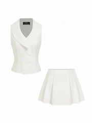 Linen-blend Shawl Collar Vest & Mid Rise Pleated Mini Skirt Set