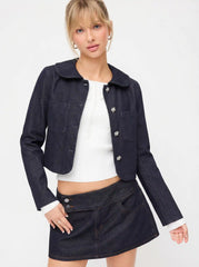 Washed Denim Peter Pan Collar Floral Metal Button Oversized Jacket