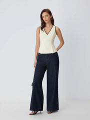 Linen-blend V-neck Contrasting Binding Peplum Top