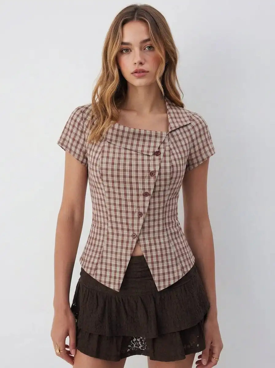 Cotton Plaid Asymmetrical Neckline Short Sleeve Blouse