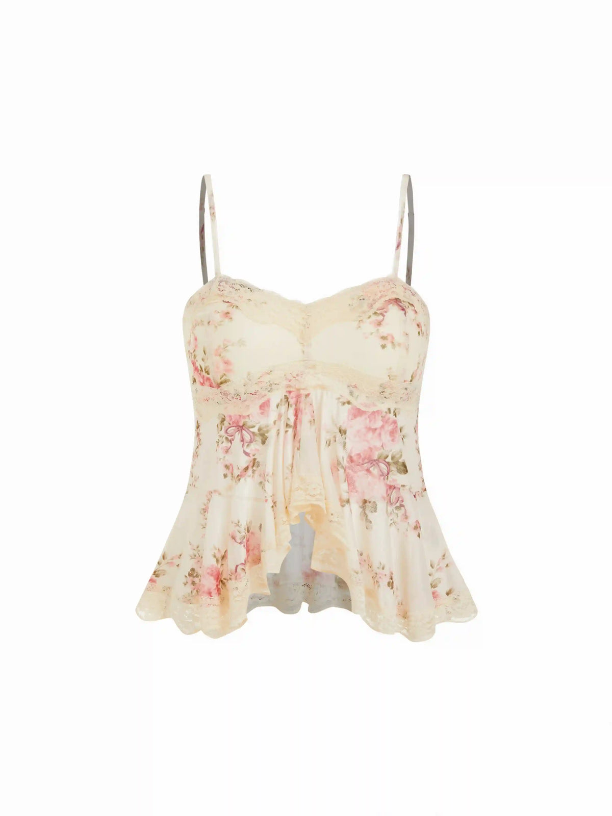 Mesh Floral Sweetheart Neck Lace Trim Peplum Hem Cami Blouse
