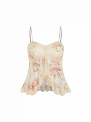 Mesh Floral Sweetheart Neck Lace Trim Peplum Hem Cami Blouse