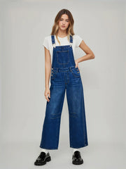 Denim Solid Buckle Pocket Barrel-leg Jumpsuit