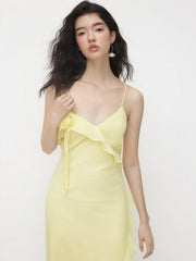 Rosette Ruffle Hem V-neck Backless Maxi Dress