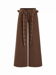 Washed Denim Low Rise Ruffled Wide Leg Trousers