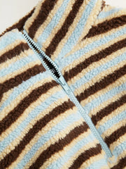 Fleece Stripe Stand Collar Drawstring Half Zip Oversized Sweatshirt