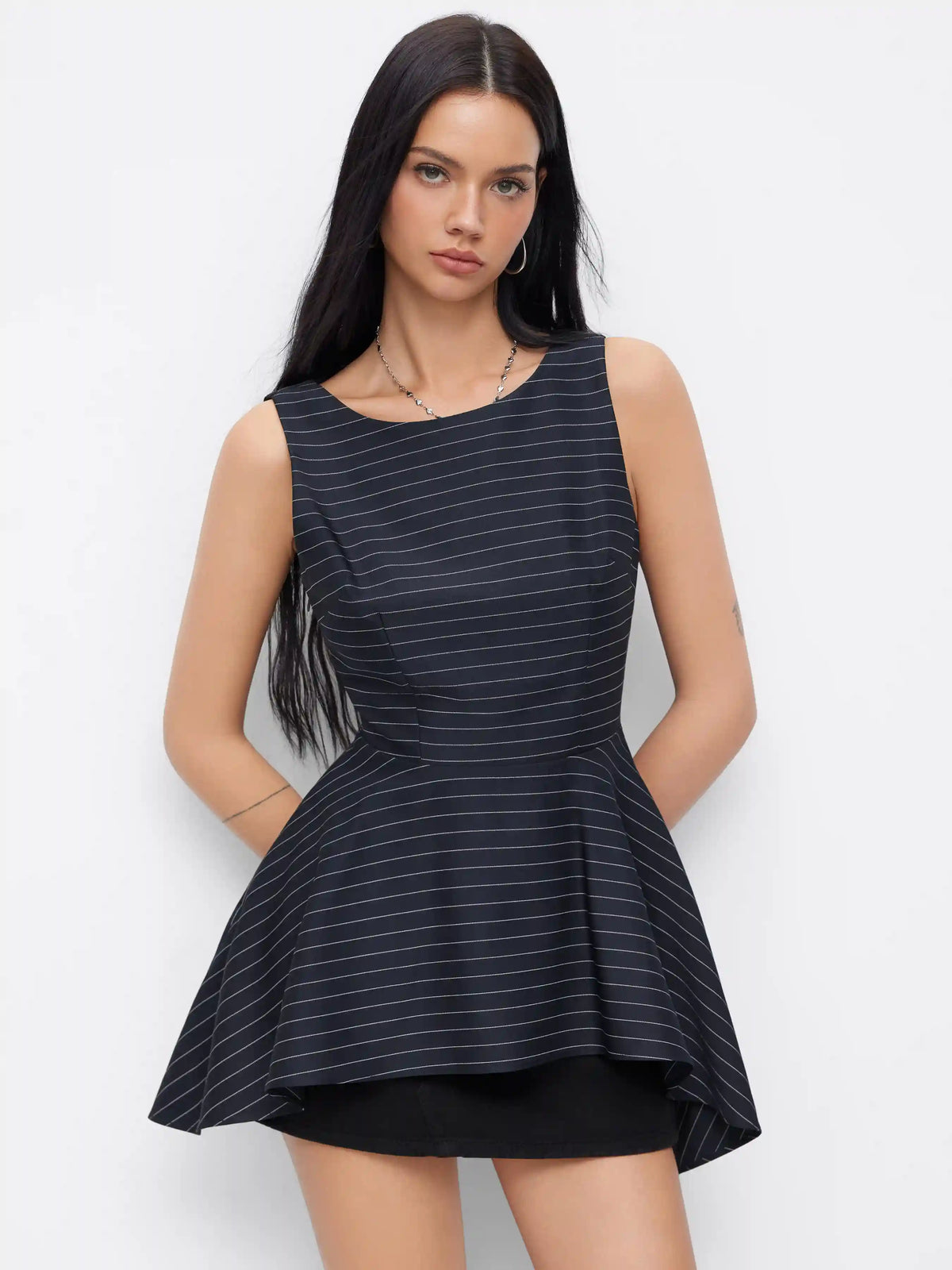 Boat Neck Striped Asymmetrical Ruffle Hem Tank Top