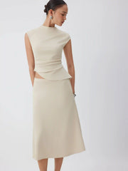 Mock Neck Ruched Asymmetrical Hem Top & Mid Rise A-line Midi Skirt Set