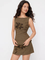Tweed Floral Applique Check Boat Neck Top