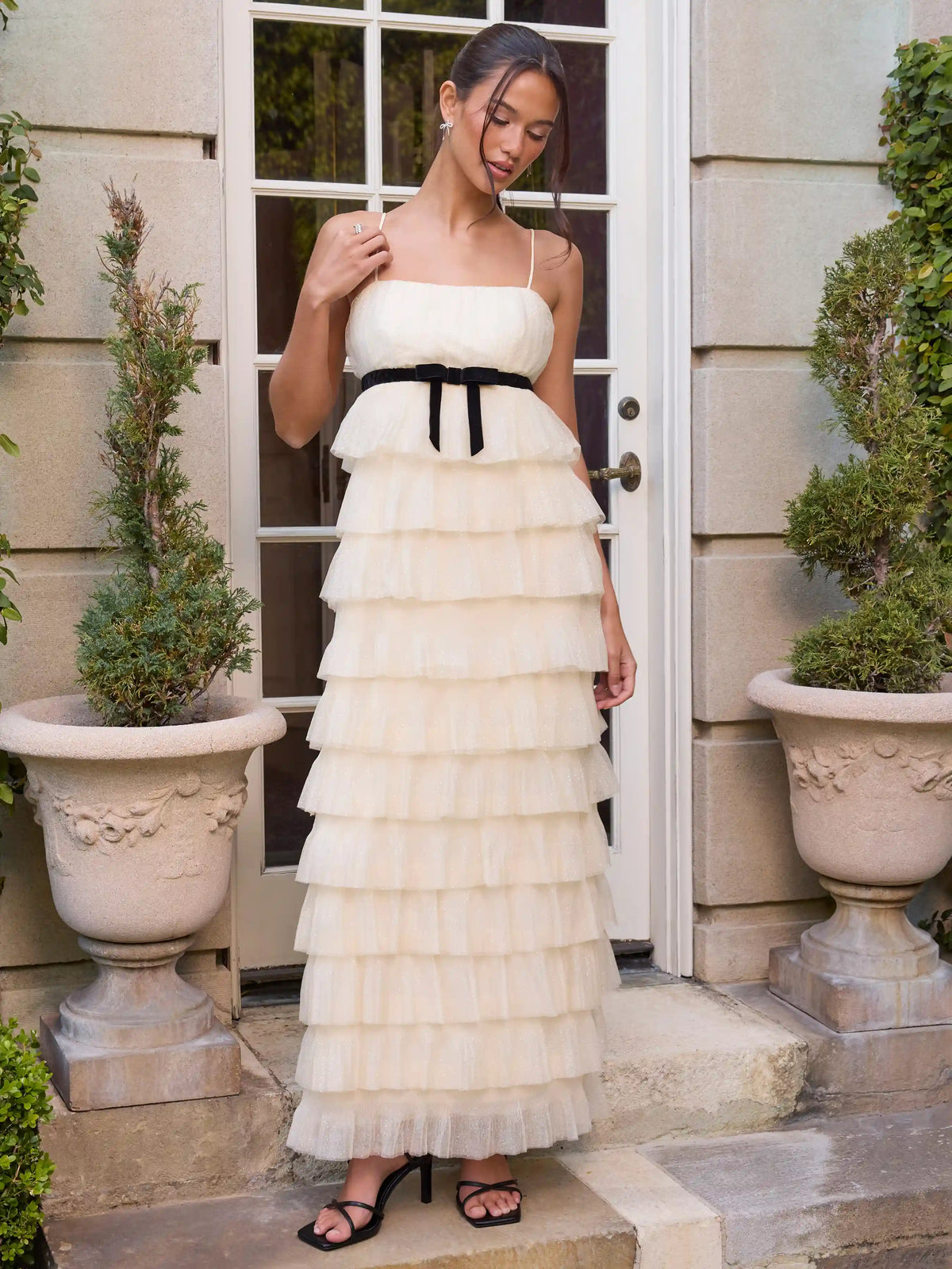Textured Ruffled Bowknot Layered Flared Maxi Dress