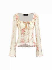 Mesh Square Neck Floral Lettuce Trim Drawstring Ruched Long Sleeve Top