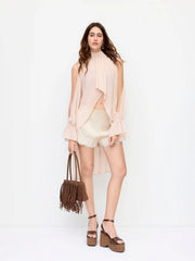 Satin Mid Rise Lace Trim Shorts