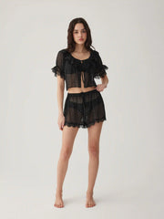 Chiffon Polka Dot  Lace Trim Ruffled Crop Top & Shorts Loungewear Set